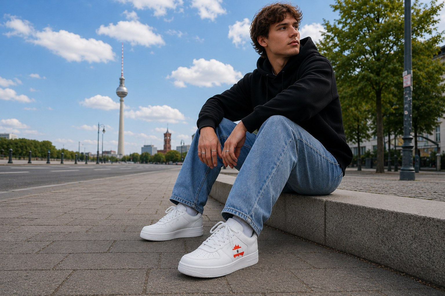 Weißer Sneaker mit rotem Berliner Bären, getragen auf dem Rathausforum, im Hintergrund der Fernsehturm
